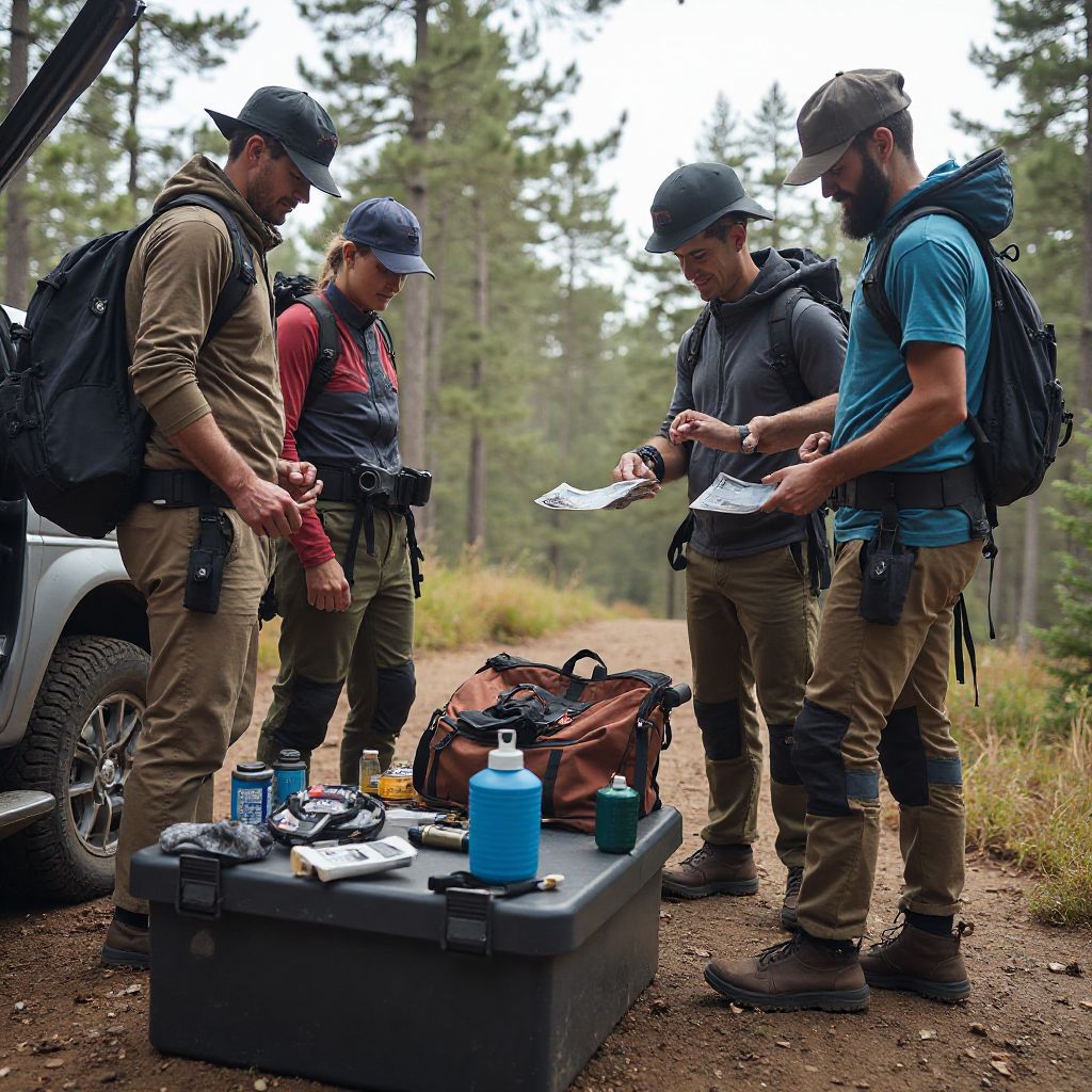 Team equipment preparation for adventure expedition
