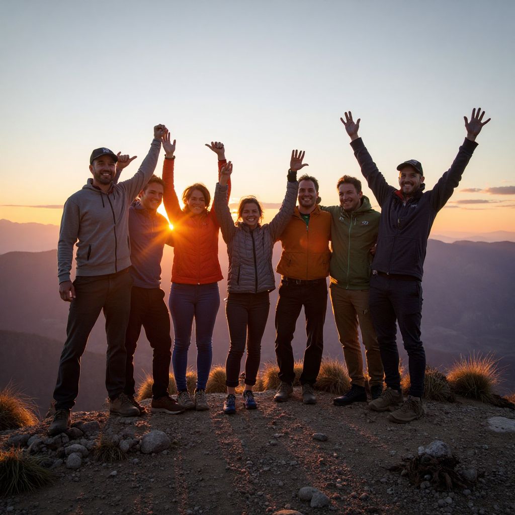Team celebration successful adventure expedition completion