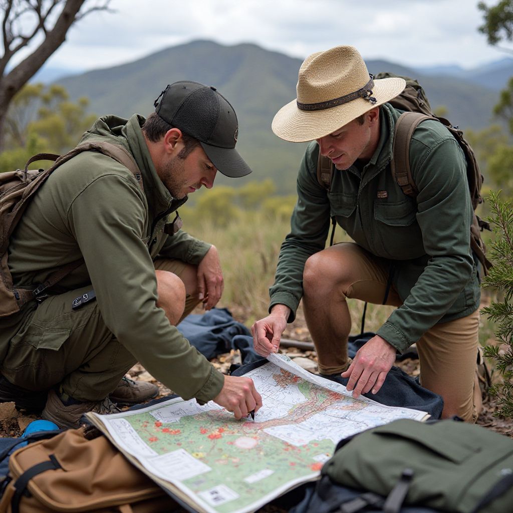 Adventure team planning expedition with maps and gear